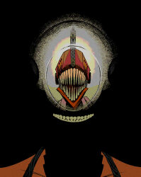  1boy 1girl black_background bomb chainsaw chainsaw_man closed_mouth demon_boy demon_girl denji_(chainsaw_man) explosive llq9ull no_eyes open_mouth reflection reflection_focus reze_(chainsaw_man) sharp_teeth shirt sleeveless teeth white_shirt yellow_eyes 