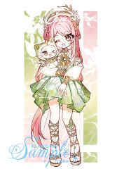  >_o 1girl absurdly_long_hair absurdres ahoge animal armor bare_shoulders border brooch brown_eyes brown_ribbon brown_sandals cat chinese_commentary choker cloak clothed_animal clothing_cutout commentary_request crescent crescent_necklace dot_nose dress ear_covers eyelashes eyes_visible_through_hair floral_background flower full_body fwxcfq gold_armor gold_necklace green_background green_cloak green_dress hair_flower hair_ornament highres holding holding_animal holding_cat hood hood_up hooded_cloak infinity_nikki jewelry laurel_crown leg_ribbon long_hair long_sleeves looking_at_animal low-tied_long_hair low_ponytail momo_(nikki) necklace nikki_(nikki) nikki_(series) official_alternate_costume one_eye_closed open_mouth outside_border pink_background pink_hair pleated_dress ponytail print_dress puffy_long_sleeves puffy_sleeves ribbon sample_watermark sandals short_dress shoulder_cutout smile standing straight-on sun_print sun_symbol tareme toes two-tone_background very_long_hair watermark whiskers white_border white_cat white_flower wind_of_purity_(infinity_nikki) yellow_choker 