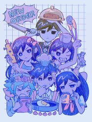  >_< 2girls 4boys :3 :o absurdres animal_ears antenna_hair aubrey_(headspace)_(omori) aubrey_(omori) banknote basil_(headspace)_(omori) basil_(omori) black_bow black_bowtie black_eyes black_hair bow bowtie bright_pupils brother_and_sister brothers cat_ears closed_eyes closed_mouth collared_shirt colored_skin dollar_bill english_text fake_animal_ears flower flower_wreath food frying_pan green_hair grin hair_behind_ear hair_bow hairband head_wreath hero_(headspace)_(omori) hero_(omori) highres holding holding_frying_pan holding_knife holding_pencil holding_rolling_pin holding_tongs kel_(headspace)_(omori) kel_(omori) knife long_hair long_sleeves looking_at_viewer mari_(headspace)_(omori) mari_(omori) milkymilkyshark money multiple_boys multiple_girls neckerchief official_alternate_costume omori omori_(omori) one_eye_closed open_mouth parted_lips pencil pet_rock pink_bow purple_hair red_neckerchief rolling_pin shirt short_hair short_sleeves siblings smile speech_bubble steak sweatdrop teeth tongs violet_eyes white_pupils white_shirt white_skin 