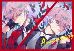  2boys anniversary aqua_hair black_gloves black_shirt border bow bowtie brothers earrings gennkai_para gloves grey_vest highres jacket jacket_on_shoulders jewelry long_sleeves male_focus multicolored_hair multiple_boys necktie paradox_live phantometal_(paradox_live) purple_hair red_border red_jacket shirt siblings tongue tongue_out twins vest violet_eyes white_bow white_bowtie white_necktie yatonokami_kanata yatonokami_nayuta 