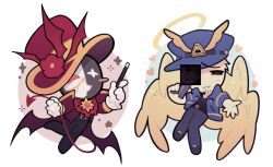  2boys :d angel angel_wings animification bald bare_arms beard_stubble belt black_belt black_eyes black_mask black_shirt black_shoes black_wings blue_background blue_hat blue_jacket blue_pants blush_stickers border bow bowtie chibi chibi_only commander_(tower_defense_simulator) commentary_request cracked_mask demon_boy demon_horns demon_tail demon_wings empty_eyes facial_hair feathered_wings fewer_digits flower full_body grin gun halo hat hat_flower heart highres holding holding_gun holding_own_tail holding_wand holding_weapon horns index_finger_raised jacket knees_together_feet_apart korean_commentary large_hat long_sleeves looking_at_viewer low_wings male_focus multiple_boys multiple_wings narrator_(tower_defense_simulator) no_eyebrows no_nose no_pupils open_clothes open_jacket open_mouth outside_border pants parted_lips peaked_cap raised_inner_eyebrows reaching reaching_towards_viewer red_background red_bow red_bowtie red_eyes red_flower red_hat red_jacket red_tail reverse_grip roblox round_border shirt shoes short-sleeved_jacket short_sleeves simple_background single_blush_sticker smile space7human standing standing_on_one_leg star_(symbol) stubble sweatdrop tail thick_lineart top_hat tower_defense_simulator two-tone_mask wand weapon white_border white_mask wings yellow_halo yellow_wings 