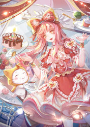  1girl ^_^ ahoge animal birthday birthday_cake blush_stickers bow bowtie brooch by_yi cake candle cat chinese_commentary choker cloak closed_eyes closed_mouth clothed_animal commentary_request cowboy_shot cup cupcake dress ear_covers eyelashes fire flower food fork frilled_choker frilled_dress frilled_sleeves frilled_wrist_cuffs frills gifts_of_december_(nikki_up2u2) hair_bow happy heart heart_brooch highres hood hood_up hooded_cloak indoors jewelry large_bow light_blush light_particles lipstick long_hair long_sidelocks looking_at_viewer makeup medium_dress miniskirt momo_(nikki) nikki_(nikki) nikki_(series) nikki_up2u2:_world_traveller parted_lips pink_flower pink_hair pink_rose plate pleated_skirt puffy_short_sleeves puffy_sleeves red_bow red_choker red_dress red_flower red_lips red_rose rose short_sleeves sidelocks signature skirt skirt_under_dress sleeve_bow smile square_neckline streamers table tea teacup teeth two-tone_bow very_long_hair wavy_hair white_bow white_bowtie white_cat white_skirt window wrist_cuffs x_navel yellow_bow yellow_cloak yellow_eyes yellow_wrist_cuffs 