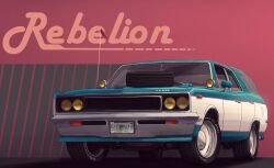  amc amc_rebel car commentary english_commentary english_text highres motor_vehicle no_humans oleversky original pink_background spare_tire station_wagon typo unused_tire vehicle_focus 