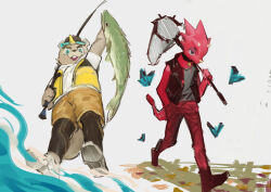  2boys animal animal_crossing animal_crossing:_new_horizons animal_ears bear_ears beaver_boy beaver_tail black_vest brown_shorts bug butterfly butterfly_net c.j._(animal_crossing) chameleon_boy chameleon_tail closed_mouth english_commentary fish fishing_rod flick_(animal_crossing) furry furry_male hand_net holding holding_animal holding_butterfly_net holding_fish holding_fishing_rod hood hooded_jacket jacket leather leather_vest looking_down looking_to_the_side male_focus multiple_boys open_mouth pants quirrel_(gharnedanshyo) red_pants shorts smile tail vest walking white_jacket yellow_vest 
