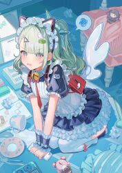  1girl absurdres animal_ear_hairband animal_ears aria_(discordant_note)_(zenless_zone_zero) aria_(zenless_zone_zero) bag bangboo_(zenless_zone_zero) bell black_dress blush book cat_ear_hairband cat_ears crying cup dress fake_animal_ears green_eyes green_hair hair_ornament hairband highres looking_at_viewer maid maid_headdress multicolored_hair nangong_yu nangong_yu_(rhapsody's_muse) neck_bell necktie official_alternate_costume open_mouth pink_hair plate red_bag red_necktie shuilantao solo sunna_(afternoon_tea_break)_(zenless_zone_zero) sunna_(zenless_zone_zero) white_wings wings zenless_zone_zero 