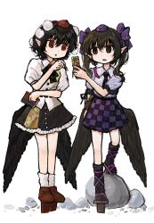  2girls black_bow black_bowtie black_hair black_skirt black_wings bow bowtie brown_eyes brown_hair cellphone checkered_clothes checkered_skirt commentary_request dade_ne feathered_wings flip_phone frilled_skirt frills full_body geta hair_bow hat highres himekaidou_hatate holding holding_notebook holding_pen holding_phone long_hair multiple_girls notebook pen phone pointy_ears pom_pom_(clothes) purple_bow purple_hat red_eyes red_hat rock shameimaru_aya shirt short_hair skirt standing tengu tengu-geta tokin_hat touhou white_shirt wings 