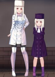  2girls alternate_legwear ankle_boots black_thighhighs boots coat dress fate_(series) frilled_skirt frills fur_hat hat highres illyasviel_von_einzbern irisviel_von_einzbern long_hair mother_and_child mother_and_daughter multiple_girls nuppunuppu papakha parent_and_child purple_boots purple_dress red_eyes sex_toy skirt thigh-highs thigh_boots white_boots white_hair white_hat 