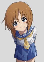  1girl arms_behind_back blue_eyes blue_sailor_collar blue_skirt closed_mouth highres higurashi_no_naku_koro_ni long_hair neckerchief orange_hair pleated_skirt poyadevil ryuuguu_rena sailor_collar sailor_shirt shirt simple_background skirt smile solo standing white_background white_shirt yellow_neckerchief 