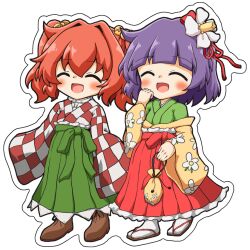  2girls ^_^ acrylic_stand_(medium) arched_bangs bag bell belt blush brown_bag brown_shoes check_clothing checkered_clothes checkered_kimono chibi chibi_only closed_eyes clothing_request commentary_request floral_print flower flower_request frilled_skirt frills green_belt green_kimono green_skirt hair_bell hair_flower hair_intakes hair_ornament hair_ribbon hand_on_own_chin hieda_no_akyuu holding holding_bag japanese_clothes kimono kimono_partially_removed layered_kimono liner41 long_skirt long_sleeves medium_hair motoori_kosuzu multiple_girls open_mouth pleated_skirt purple_hair red_belt red_hair red_kimono red_ribbon red_sandals red_skirt ribbon sandals shirt shoes simple_background skirt sleeves_past_fingers sleeves_past_wrists smile socks touhou two_side_up white_background white_kimono white_shirt white_socks wide_sleeves yellow_kimono 