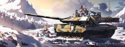  2girls animal_ears book cat_ears cat_girl cat_tail chair commentary_request dawn fishing fishing_rod gun highres holding holding_fishing_rod lantern leopard_2 long_hair long_sleeves machine_gun military military_vehicle motor_vehicle multiple_girls original outdoors porcelainsphere scenery shoes sitting skirt snow tail tank tank_gun thigh-highs thighs weapon 