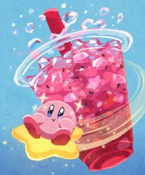  :t blue_eyes blush_stickers bubble closed_mouth commentary_request cup disposable_cup drink drinking_straw highres kirby kirby_(series) miclot no_humans sparkle warp_star 