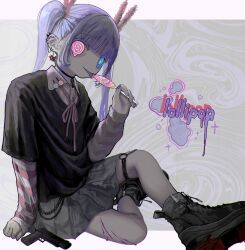  1girl @_@ arm_support black_choker black_shirt black_shoes blue_eyes candy choker collared_shirt colored_tongue commentary_request distortion earrings food full_body giv_81 grey_background grey_skirt gun hand_up handgun heterochromia highres holding holding_candy holding_food holding_lollipop jewelry lollipop long_hair long_sleeves looking_at_viewer miniskirt o-ring o-ring_thigh_strap original pink_eyes pleated_skirt purple_tongue shirt shoes short_sleeves sitting skirt solo striped_sleeves thigh_strap tongue tongue_out twintails weapon 