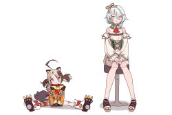  :3 ahoge animal_ear_fluff animal_ears ascot blonde_hair boots brown_hair cat_ears cecilia_immergreen cecilia_immergreen_(1st_costume) commentary detached_collar detached_sleeves doll_joints flat_chest gigi_murin gigi_murin_(1st_costume) green_eyes green_hair grey_hair hair_between_eyes highres hololive hololive_english huge_ahoge jacket joints knees_together_feet_apart long_sleeves looking_at_viewer mendako_(wjkgreat) multicolored_hair on_floor on_stool open-toe_shoes orange_jacket pink_eyes red_ascot short_hair short_twintails simple_background single_thighhigh sitting smile spread_legs stool striped_clothes striped_thighhighs tail thigh-highs twintails two-tone_hair white_background white_boots winding_key 