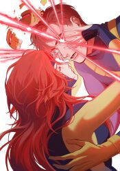  1boy 1girl blue_bodysuit bodysuit broken_eyewear brown_hair closed_eyes commentary couple cyclops_(x-men) eye_beam gloves hands_on_another's_face hetero highres jean_grey leonesboss long_hair marvel multicolored_bodysuit open_mouth profile red_hair scott_summers short_hair superhero_costume untranslatable_commentary white_background x-men yellow_bodysuit yellow_gloves 