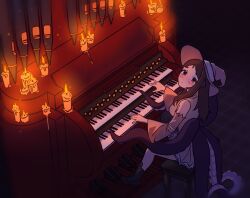  1girl animal_ears blush boots brown_eyes brown_hair candlelight catac0re chair closed_mouth commentary detached_sleeves dress from_above full_body grey_dress grey_hat hat high_heel_boots high_heels highres instrument looking_at_viewer medium_hair music on_chair organ_(instrument) original pipe_organ playing_instrument playing_piano sitting solo squid_girl tentacle_girl tentacles witch_hat yellow_dress yellow_hat 