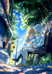  2girls absurdres bench blonde_hair blue_sky brown_shoes cable chidawadachi clouds cloudy_sky commentary_request flower food grass highres long_hair multiple_girls neck_ribbon open_mouth original parted_lips ribbon road school_uniform shaved_ice shoes short_hair sitting sky smile sunflower tree utility_pole white_hair wooden_bench yellow_shoes 