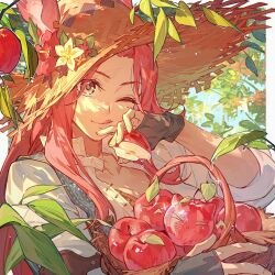  1girl animal_ear_fluff basket black_gloves collarbone commentary crow0cc final_fantasy final_fantasy_xiv food fruit gloves hat highres holding holding_basket holding_food holding_fruit leaf long_hair one_eye_closed red_hair solo straw_hat tongue tongue_out untranslatable_commentary warrior_of_light_(ff14) 