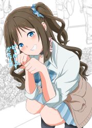  1girl absurdres black_choker black_shoes blue_bow blue_bowtie blue_scrunchie blue_skirt blush bow bowtie brown_cardigan brown_hair cardigan cardigan_around_waist choker clothes_around_waist collared_shirt commentary grin gyaru gyarugasaki hair_ornament hair_scrunchie heart heart_choker highres kogal long_hair looking_at_viewer love_live! love_live!_nijigasaki_high_school_idol_club one_side_up osaka_shizuku paw_pose plaid_bow plaid_bowtie plaid_clothes pleated_skirt ren_854 scrunchie shirt shoes skirt smile solo squatting translation_request wavy_hair white_shirt 