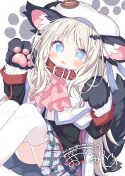  1girl animal_ear_fluff animal_ears animal_hands beret black_gloves black_jacket blazer blue_eyes blush brown_hair capelet collar commission daidai_ookami fang feet_out_of_frame gloves grey_skirt hat highres jacket kemonomimi_mode knees_up little_busters! long_hair looking_at_viewer noumi_kudryavka parted_lips paw_gloves plaid_clothes plaid_skirt pleated_skirt red_collar signature skeb_commission skirt solo tail thigh-highs white_capelet white_hat white_thighhighs 
