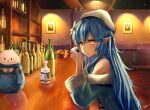  1girl absurdres ahoge aria_honmono bar_(place) beret blue_hair blue_scarf blush bottle braid choko_(cup) closed_mouth colored_tips cup flower hair_between_eyes hair_flower hair_ornament hand_up hat heart heart_ahoge highres hololive long_hair looking_at_viewer multicolored_hair picture_frame pointy_ears sake_bottle scarf smile solo tokkuri virtual_youtuber yellow_eyes yukihana_lamy 