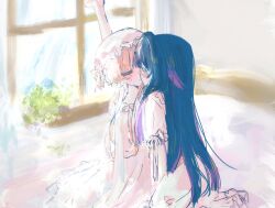  2girls arms_up black_hair blush bonnet brown_hair closed_eyes closed_mouth columbina_(genshin_impact) commentary dress english_commentary eye_mask genshin_impact hair_flaps hand_up headdress highres imminent_kiss kiss kneeling long_hair mask multicolored_hair multiple_girls nightgown on_bed plant purple_hair purple_streaks ribbon sabasba sandrone_(genshin_impact) see-through_clothes see-through_mask short_hair_with_long_locks sidelocks sitting streaked_hair two-tone_hair very_long_hair white_dress white_headdress white_mask window x-shaped_eyewear yuri 