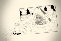  3boys absurdres animal_ears ashofourtime beach dragon_ball dragon_ball_(classic) furry furry_male gloves greyscale highres male_focus monochrome multiple_boys panicking parody shark sonic_(series) sonic_the_hedgehog sonic_the_hedgehog_(ova) style_parody swimming tails_(sonic) toriyama_akira_(style) tree white_gloves 