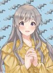  1girl :d absurdres bandaid blush embarrassed flying_sweatdrops frilled_shirt frills hair_down hanetsuka highres idolmaster idolmaster_shiny_colors light_blue_background long_sleeves looking_down own_hands_clasped own_hands_together patterned_background shirt smile solo yellow_shirt yukoku_kiriko 