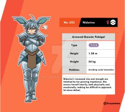  1girl ahoge alternate_color animal_ears armor artist_name breastplate brown_eyes brown_shirt character_name crossed_arms cuirass deviantart_logo deviantart_username english_text fang full_body gauntlets genderswap genderswap_(mtf) greaves grey_hair height highres huffing looking_at_viewer nidorino orange_background pauldrons pelvic_curtain personification pokedex_number pokemon poleyn raised_eyebrow sabaton shiny_pokemon shirt shoulder_armor skin_fang spiked_gauntlets spiked_pauldrons spikes taruyamame venus_symbol weight 