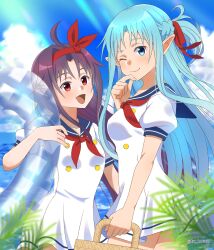  2girls :d ;) absurdres ahoge alternate_costume asuna_(sao) asuna_(sao-alo) basket blue_eyes blue_hair blue_sailor_collar blue_sky blue_trim blurry blush braid breasts closed_mouth clouds cloudy_sky collarbone commentary_request day depth_of_field dress floating_hair hair_ribbon hairband half_up_half_down_braid hand_up highres holding holding_basket holding_swim_ring long_hair long_sidelocks looking_at_viewer medium_breasts multiple_girls neckerchief ocean one_eye_closed open_mouth pointy_ears puffy_short_sleeves puffy_sleeves purple_hair red_eyes red_hairband red_neckerchief red_ribbon ribbon sailor_collar sailor_dress short_dress short_sleeves sidelocks sky small_breasts smile straight_hair sunlight swim_ring sword_art_online tongue tu_tora2 upper_body white_dress yuuki_(sao) 
