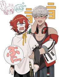  2boys anger_vein annoyed arurandeisu arurandeisu_(1st_costume) black_shirt black_tank_top blank_eyes blush_stickers chain chain_necklace chibi chibi_inset cowboy_shot cross-laced_clothes cross-laced_top flower green_eyes grey_hair hair_flower hair_ornament half_updo hanasaki_miyabi hand_on_another's_waist hand_on_own_face headphones headphones_around_neck highres holostars jewelry layered_sleeves long_sleeves male_focus medium_hair multiple_boys necklace no_nose off-shoulder_jacket off_shoulder open_mouth pectoral_cleavage pectorals pink_flower pinstripe_pattern pinstripe_shirt red_hair ribbon shaded_face shirt short_hair short_over_long_sleeves short_sleeves sleeveless sleeveless_shirt tank_top teasing translated undercut virtual_youtuber white_background white_shirt xxmabukaxx yellow_ribbon 