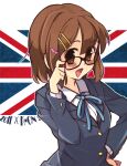  1girl bespectacled blue_ribbon blush brown-framed_eyewear brown_eyes brown_hair copyright_name flag_hair_ornament glasses grey_jacket hair_ornament hairclip hirasawa_yui jacket k-on! looking_at_viewer lr. open_mouth ribbon school_uniform shirt short_hair solo union_jack white_shirt zoff_(company) 