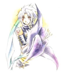  .hack// .hack//g.u. 1boy arm_belt bare_shoulders belt black_belt black_shirt check_flower closed_mouth commentary_request cropped_torso facial_mark flower flower_request hakugekka haseo_(.hack//) lightning_bolt_facial_mark lightning_bolt_symbol lily_(flower) looking_at_viewer male_focus multiple_belts painting_(medium) purple_flower red_eyes shirt short_hair shoulder_tattoo solo tattoo traditional_media watercolor_(medium) white_background white_hair yellow_flower 
