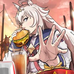 2girls :d absurdres ahoge animal_ears belt belt_buckle bird blue_eyes blue_hairband blue_jacket blue_sailor_collar blue_shirt bread_bun buckle burger cheese crop_top cup drink drinking_glass drinking_straw dusk ear_covers eating english_commentary fasedoki food french_fries grey_hair hair_between_eyes hairband headband highres holding holding_burger holding_food horse_ears horse_girl horse_tail jacket jujutsu_kaisen lettuce long_hair long_sleeves mcdonald's meat multicolored_hairband multicolored_jacket multiple_girls neckerchief oguri_cap_(starlight_beat)_(umamusume) oguri_cap_(umamusume) one_eye_closed open_hand open_mouth orange_sky outdoors pants parody red_belt red_hairband red_headband red_jacket red_neckerchief sailor_collar sesame_seeds shirt sky sliced_cheese smile solo_focus string_of_light_bulbs tail tamamo_cross_(fast_as_lightning)_(umamusume) tamamo_cross_(umamusume) twitter_username two-tone_hairband two-tone_jacket umamusume white_jacket white_pants 