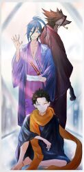  3boys animal_ears arm_on_knee black_hair blue_eyes blue_hair cecilus_segmunt commentary_request grey_fur hair_between_eyes hair_ornament hair_slicked_back halibel_(re:zero) haori highres japanese_clothes katana kimono layered_clothes long_hair long_sleeves looking_at_viewer mole mole_under_mouth multiple_boys natsuki_subaru nosu_(pewk_x4b) on_floor orange_scarf outdoors pink_kimono ponytail re:zero_kara_hajimeru_isekai_seikatsu re:zero_kara_oboreru_isekai_seikatsu sanpaku sash scarf short_hair sitting smile smirk smoking_pipe smoking_pipe_in_mouth sword waving weapon wolf_boy yukata 