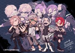  4boys amaneryuusei animal_ear_fluff animal_ear_piercing animal_ears arurandeisu black_hair black_pants black_sclera black_shirt black_shorts boots bracelet chain chain_bracelet colored_sclera colored_tongue contrapposto copyright_notice ear_piercing earrings facepaint fangs four-finger_heart_hands full_body fur-trimmed_jacket fur_trim glasses green_eyes grey_hair grey_pants grin hair_ornament hairclip hanasaki_miyabi heart heart_hands high_heel_boots high_heels holostars jackal_boy jackal_ears jackal_tail jacket jewelry kageyama_shien logo_print long_sleeves male_focus mouth_pull multicolored_hair multiple_boys multiple_views necklace o-ring official_art outstretched_hand pants piercing pink_hair purple_tongue red_hair rikka_(holostars) sharp_teeth shirt short_hair shorts sleeveless sleeveless_jacket sleeveless_shirt sleeves_past_wrists smile standing standing_on_one_leg streaked_hair tail teeth torn_clothes torn_jacket torn_pants unplan_(holostars) virtual_youtuber white_boots white_hair white_streaks yellow_eyes zipper zipper_pull_tab 