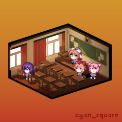  3d_background 4girls artist_name bad_id bad_newgrounds_id black_thighhighs blazer blue_eyes blue_skirt book bow breasts chair chalkboard chibi chibi_only classroom curtains cyan_square desk diorama doki_doki_literature_club doki_doki_literature_club_school_uniform full_body gradient_background green_eyes grey_jacket hair_between_eyes hair_bow hair_ornament hair_ribbon hairclip hand_on_own_hip hands_on_own_hips high_ponytail holding holding_book indoors isometric jacket kneehighs light_rays long_hair long_sleeves looking_at_viewer mixed_media monika_(doki_doki_literature_club) multiple_girls natsuki_(doki_doki_literature_club) neck_ribbon one_eye_closed orange_background outstretched_arm paper pink_eyes pink_hair pixel_art pleated_skirt ponytail purple_hair red_bow red_ribbon ribbon sayori_(doki_doki_literature_club) school_desk school_uniform shirt short_hair sidelocks skirt smile socks speaker standing sunlight swept_bangs thigh-highs two_side_up v violet_eyes white_bow white_shirt window yuri_(doki_doki_literature_club) 