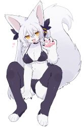  1girl animal_ears animal_hands bikini black_bikini black_thighhighs body_fur breasts claws fang full_body furry furry_female highres large_breasts large_tail long_hair looking_at_viewer navel open_mouth original pawpads pemi_(spommmm) simple_background sitting solo swimsuit tail thigh-highs toeless_legwear white_background white_hair wolf_ears wolf_girl wolf_tail yellow_eyes 