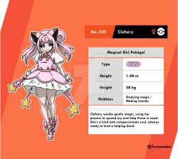  1girl animal_ears artist_name ballet_slippers blue_eyes bow bowtie brooch character_name character_profile clefairy deviantart_logo deviantart_username dress english_text full_body highres holding holding_wand jewelry looking_at_viewer magical_girl orange_background personification pink_hair pink_ribbon pokedex_number pokemon ribbon short_sleeves smile star_brooch star_wand taruyamame twintails venus_symbol wand wrist_cuffs 