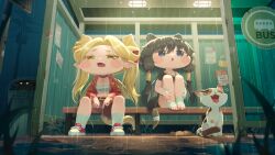  2girls :o absurdres bag bandaged_arm bandaged_foot bandages bench black_hair blonde_hair blue_eyes blush_stickers brown_skirt bus_stop cat chest_sarashi chibi chibi_only choker collared_shirt commentary_request dragon_girl dragon_horns dragon_tail dragon_wings earrings english_commentary feet fewer_digits flame_print gold_earrings gold_ring hair_tubes handbag highres holding holding_bag horns humano jewelry kidian_(trickcal) knees_up korean_commentary legs_together mixed-language_commentary mole mole_under_eye mud multiple_girls night open_clothes open_mouth open_shirt outdoors pira_(trickcal) pointy_ears rain red_shirt red_shoes sarashi shirt shoes sitting skirt sneakers socks tail thighs toes trash_can trickcal twintails unworn_shoes utility_pole white_socks wings yellow_eyes 