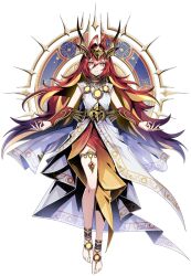  1girl ahoge anklet apollonus_(duel_masters) apollonus_(yin)_(duel_masters) barefoot barefoot_sandals_(jewelry) blonde_hair closed_mouth detached_sleeves dress duel_masters duel_masters_play's full_body gold_collar hair_between_eyes hair_ornament halo jewelry long_hair mandala multicolored_hair official_art red_hair simple_background sleeveless sleeveless_dress solo thigh_strap thighlet third-party_source transparent_background two-tone_hair white_dress yellow_eyes 