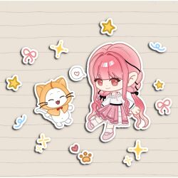  1girl ^_^ ahoge animal ankle_socks bare_shoulders belt black_belt black_bow black_ribbon blunt_bangs bow bow_choker bowtie bra_strap brown_background brown_eyes cat chibi choker cloak closed_eyes closed_mouth clothed_animal cross-laced_clothes cross-laced_legwear dot_nose ear_covers eyelashes frilled_shirt frilled_skirt frilled_sleeves frills hair_bow hair_ribbon happy heart highres hood hood_up hooded_cloak infinity_nikki layered_skirt long_hair long_sidelocks long_sleeves low_twintails lyramalfoy39999 mary_janes momo_(nikki) nikki_(nikki) nikki_(series) off-shoulder_shirt off_shoulder outline paper_background paw_print perfect_start_(infinity_nikki) pink_bow pink_bowtie pink_choker pink_hair pink_shoes pink_skirt pleated_skirt print_skirt puffy_long_sleeves puffy_sleeves red_bow red_bowtie ribbon shirt shoes sidelocks single_stripe skirt smile snowflake_print socks sparkle speech_bubble spoken_heart star_(symbol) striped_bow striped_bowtie striped_choker striped_clothes tareme traditional_bowtie tress_ribbon twintails very_long_hair wavy_hair whiskers white_cat white_outline white_shirt white_skirt white_socks x_navel yellow_cloak 