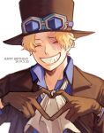  1boy ascot black_gloves blonde_hair blue_shirt dated facing_viewer finger_heart gloves goggles goggles_on_headwear grin happy happy_birthday hat long_sleeves male_focus mirin_(coene65) one_piece sabo_(one_piece) scar scar_on_face shirt short_hair simple_background smile solo top_hat upper_body white_ascot white_background 