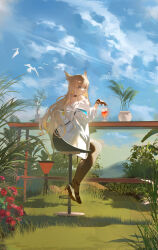  1girl absurdres animal_ears arknights arknights:_endfield bar_stool bare_shoulders bird black_choker black_gloves black_pantyhose black_shoes blonde_hair blue_eyes blue_sky brown_pantyhose choker clouds cloudy_sky cocktail_glass commentary_request contrail cup day drinking_glass earrings flower full_body gloves grass high_heels highres holding holding_cup jacket jewelry long_hair long_sleeves looking_at_viewer minhongchen off_shoulder on_stool open_clothes open_jacket outdoors pantyhose perlica_(arknights) plant potted_plant red_flower red_rose rose shoes sitting sky solo stool very_long_hair white_jacket 