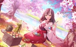  1girl :d bento blurry blurry_foreground blush bottle brown_hair cherry_blossoms chopsticks commentary_request cosplay dango day depth_of_field dutch_angle food game_cg green_eyes hair_between_eyes hakama hakama_skirt hanami highres holding horns japanese_clothes kimono long_hair looking_at_viewer miko non-web_source official_art oni open_mouth outdoors petals picnic red_hakama ribbon-trimmed_sleeves ribbon_trim seiza self-datamine shiromaru_mito shuna_(tensura) shuna_(tensura)_(cosplay) single_horn sitting skirt smile solo spring_(season) tensei_shitara_slime_datta_ken tree very_long_hair wagashi wide_sleeves world_dai_star 