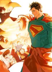  1girl 2boys absurdres age_progression baby bald beard black_hair blue_eyes bodysuit cape carrying carrying_baby carrying_person chamsut0905 clark_kent dc_comics facial_hair family father_and_child father_and_son highres jonathan_kent_sr. martha_kent mother_and_child mother_and_son multiple_boys parent_and_child red_cape remembering short_sleeves shoulder_carry smile superhero_costume superman superman_(2025) superman_(series) tire_swing 