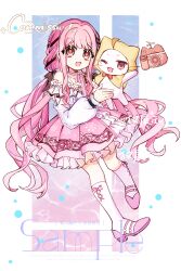  1girl absurdres ahoge animal arm_cutout bare_shoulders black_bow black_ribbon blue_background border bow bow_choker bow_legwear bowtie bra_strap brown_eyes camera cat center_frills chinese_commentary choker cloak clothed_animal clothing_cutout collarbone commentary_request commission cross-laced_clothes cross-laced_legwear dot_nose ear_covers eyelashes eyes_visible_through_hair frilled_shirt frilled_skirt frilled_sleeves frills full_body fwxcfq hair_bow hair_ribbon hexagram high_heels highres holding holding_animal holding_cat hood hood_up hooded_cloak infinity_nikki jewelry kneehighs layered_skirt long_hair long_sidelocks long_sleeves low_twintails medium_skirt momo_(nikki) necklace nikki_(nikki) nikki_(series) off-shoulder_shirt off_shoulder one_eye_closed open_mouth outside_border perfect_start_(infinity_nikki) pink_background pink_bow pink_bowtie pink_choker pink_hair pink_ribbon pink_shoes pink_skirt print_skirt puffy_long_sleeves puffy_sleeves pumps red_bow red_bowtie ribbon sample_watermark shirt shoes sidelocks single_stripe skirt smile snowflake_print socks standing star_(symbol) star_necklace striped_bow striped_bowtie striped_choker striped_clothes tareme traditional_bowtie tress_ribbon twintails two-tone_background very_long_hair watermark wavy_hair whiskers white_border white_cat white_shirt white_skirt white_socks yellow_cloak 