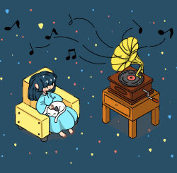  1girl animal animal_on_lap aqua_background aqua_hair aqua_nightgown barefoot cat cat_on_lap chair chibi chibi_only closed_mouth commentary_request from_above highres kisaya_(mvtx7343) long_hair long_sleeves musical_note nightgown on_chair on_lap original pet phonograph sitting sleeping_animal smile solo table |_| 