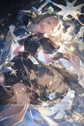  1girl absurdres amukeer black_dress black_gloves blue_eyes card chain chain_necklace commission cross dress four-pointed_star frilled_dress frills gloves hair_between_eyes hair_over_one_eye highres jewelry long_hair looking_at_viewer necklace original sidelocks star_(sky) starry_sky_background tarot tarot_card veil very_long_hair white_hair 