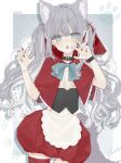  1girl absurdres animal_ear_fluff animal_ears apron black_collar blue_bow blue_bowtie bow bowtie capelet collar fuwa_toco hair_ornament highres hood multicolored_nails original red_capelet red_thighhighs tail thigh-highs twintails white_apron wristband 