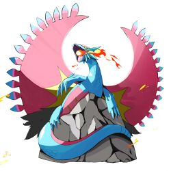  animal_focus breath_weapon breathing_fire claws colored_sclera commentary dragon dragon_wings embers english_commentary fangs fire highres no_humans on_rock open_mouth pokemon pokemon_(creature) pokemon_focus psaber97 red_eyes roaring_moon rock scales simple_background solo white_background wings yellow_sclera 